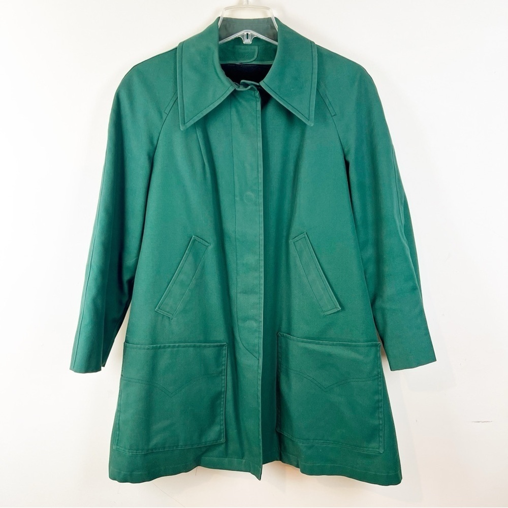 Vintage London Fog Green A Line Trench Coat Fur Liner Swing 12 Womens Pockets